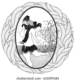 Pattern for coloring book. Vintage girl ice skates. Set of illustrations.