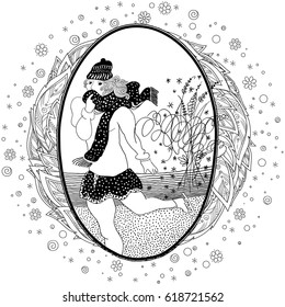 Pattern for coloring book. Vintage girl ice skates. Set of illustrations.