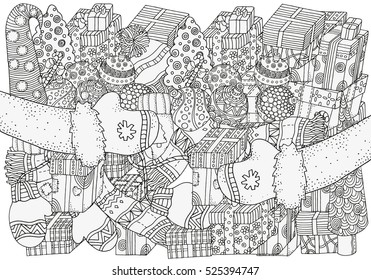 Pattern for coloring book. Winter sketches. Christmas gifts, xmas trees, balls, warm clothes,  scarf, hats, mittens, socks. Hand drawn vector illustration