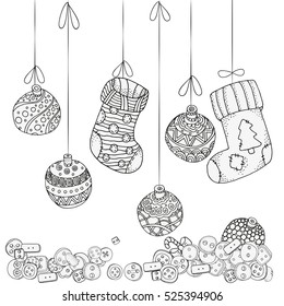 Pattern for coloring book. xmas balls and christmas socks. Zentangle patterns. Sketch by trace. Hand-drawn, ethnic, floral, doodle, vector, tribal design element. Black and white. For coloring book