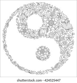   Pattern for coloring book. Yin and yang decorative symbol. Hand drawn vintage style design element. Alchemy, spirituality, occultism, textiles art. Vector illustration for t-shirt print