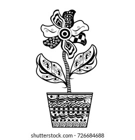 Pattern for coloring book.Flower in a pot. Hand-drawn decorative elements in vector. Black and white pattern