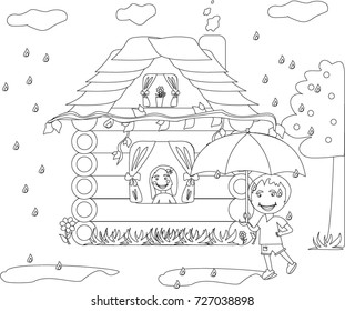 Pattern for coloring book.House in the woods. Hand-drawn decorative elements in vector. Black and white pattern
