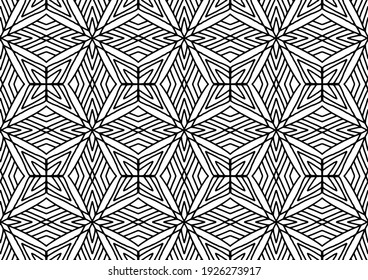 pattern for coloring drawn on a white background with figures of rhombuses and abstract stars, vector, tile, mosaic