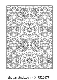 Pattern coloring page for adults (children ok, too) with whimsical rosettes, or monochrome decorative background.
