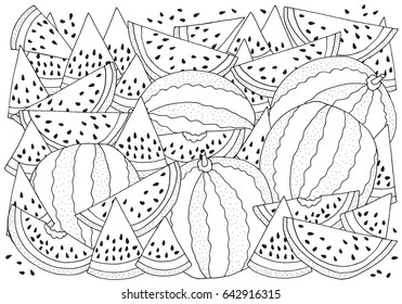 Pattern for coloring with Watermelon. A4 size. Black and white vector illustration. Slice of watermelon on background. Doodle style.