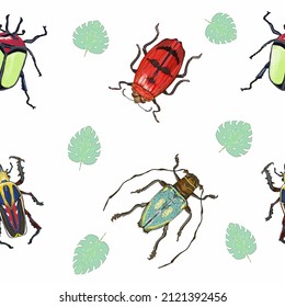 A pattern with coloured beetles, insects and leaves. hand-drawn.