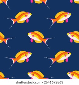Pattern with coloured fish on blue background. For ocean-themed textiles, wallpapers and packaging, postcards or covers.