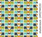 Pattern of coloured school rulers in centimetres and inches decorated with animal faces, vector illustration, flat
