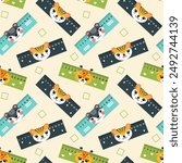 Pattern of coloured school rulers in centimetres and inches decorated with animal faces, vector illustration, flat
