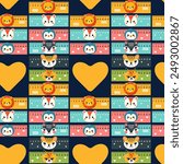 Pattern of coloured school rulers in centimetres and inches decorated with animal faces, vector illustration, flat