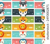 Pattern of coloured school rulers in centimetres and inches decorated with animal faces, vector illustration, flat