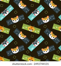 Pattern of coloured school rulers in centimetres and inches decorated with animal faces, vector illustration, flat
