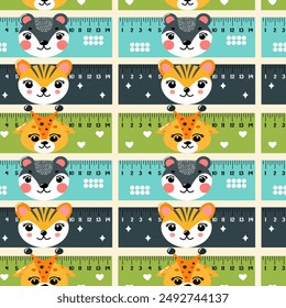 Pattern of coloured school rulers in centimetres and inches decorated with animal faces, vector illustration, flat
