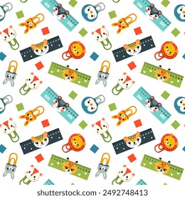Patrón de Reglas escolares de colores en centímetros y pulgadas, Clips de papel de papelería decorados con caras de animales, Ilustración vectorial, plano
