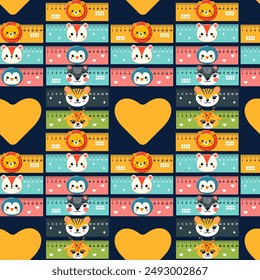 Pattern of coloured school rulers in centimetres and inches decorated with animal faces, vector illustration, flat