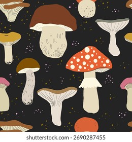 Lindo patrón sin fisuras con coloridos champiñones dibujados a mano. Fondo brillante del azulejo del otoño, materia textil, papel de embalaje. Acogedor Fondo de pantalla de otoño.