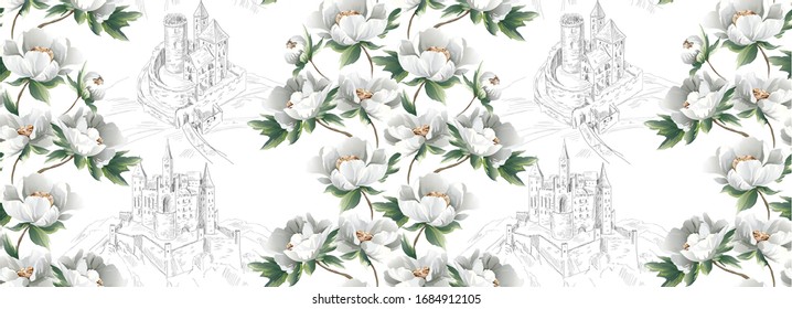 Pattern with colourful peony flowers in vertical line and with old landscape with castles in toile de jouy style on white background