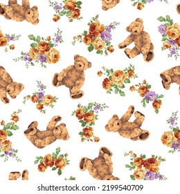 A pattern combining cute bears and beautiful roses,