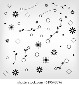 The pattern combining two styles, technological and natural, with tree branches and foliage, woven ties of bonds and rectangles and spheres