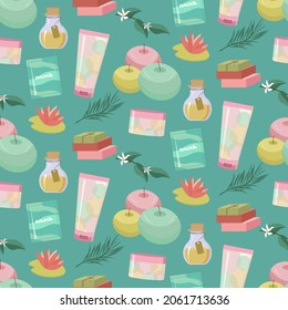Muster mit Cometic-Spa-Behandlungen. Creme, Gesichtsmaske und natürliche Seife, Lotus und aromatische Kerzen. Vektorgrafik. Für die Gestaltung von Verpackungen, Flyern, Kosmetiksalons, Kosmetikläden, Cover und