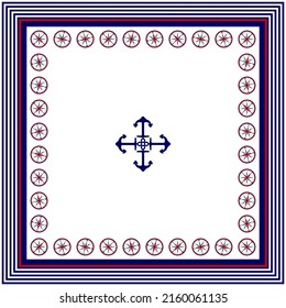 Pattern with compasses and stripes. Square marine template.  Silk neckerchief, shawl bandana, handkerchief design.