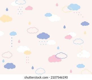 A pattern composed of cute pastel colored clouds. Simple pattern design template.