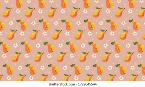 Pattern composed of fresh bright yellow  pears and white blooming flowers among them