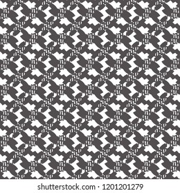 Pattern composed of geometric signs or marks with a thick and thin line. Textile print. Monochrome decorative background. Vector illustration.