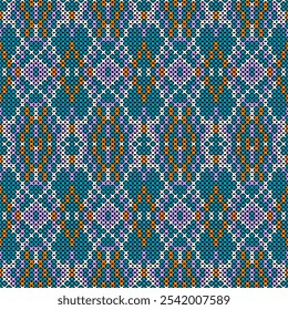 The pattern is composed of a grid of diamond shapes, each filled with a delicate arrangement of lines and small squares. The dominant colors are a deep blue background with contrasting