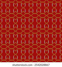 The pattern is composed of a grid of squares, each filled with a delicate arrangement of lines and small squares. The dominant colors are a deep red background with contrasting yellow and white 
