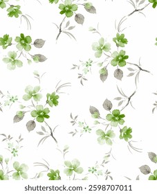 The pattern is composed of light grayish-green flowers and muted gray foliage on a white background. The flowers are small to medium-sized, with a delicate, watercolor-like quality.
