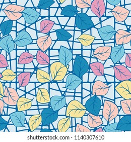 A pattern composed of multicolored leaves scattered on a texture consisting of divided squares.
