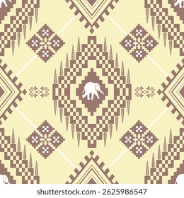 pattern composed of pixel designs with elephant and geometric on yellow background, design for fabric or various pattern printing works.