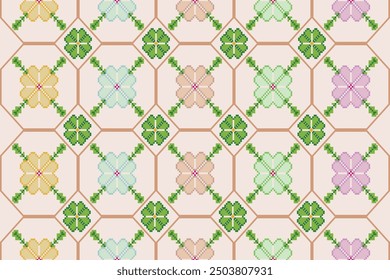 The pattern is composed of pixelated designs that form flower-like shapes within hexagons. Each flower is created using small square units (pixels) of varying colors