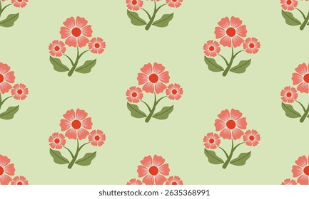 a pattern composed of red pastel flower with green background , design for fabric or various pattern printing works.