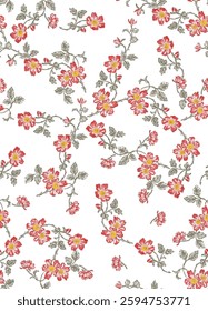 The pattern is composed of small, stylized floral motifs shade of red, green, yellow, pink, cyan and blue leaves and stems. Each flower has a slightly darker, central yellow-orange core.