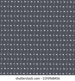 Pattern composed of stitches and small polygonal shapes horizontally aligned on dark blue background. Textile print. Vector illustration.