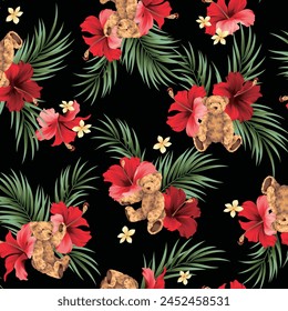 Pattern composed of tropical flowers and cute bears,