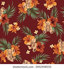 Muster aus tropischen Blumen und niedlichen Bären,