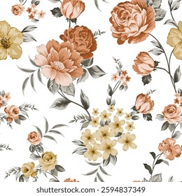 The pattern is composed of various shades of red, green, cyan, pink, yellow and blue flowers, and peonies, arranged on a white background. The flowers are detailed, with visible petals and centers.