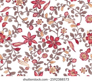 The pattern is composed of various sized intricately detailed flowers in shades of red and peach orange The flowers have a multi-petal structure often with a central darker colored cluster of element.