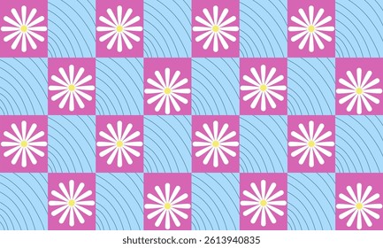 a pattern composed of white daisies flower with tartan and curve background , design for fabric or various pattern printing works.