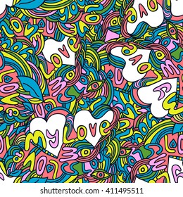 pattern composed of the words I love, you, drawing lips, eyes heart, jagged lines, doodle