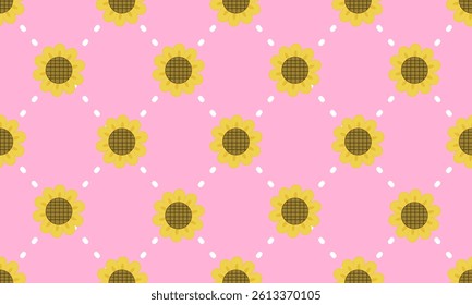 a pattern composed of yellow sunflower with white line square on pink background , design for fabric or various pattern printing works.