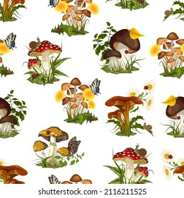 Pattern from compositions with mushrooms.Plant compositions with mushrooms and insects on a transparent background in a color vector pattern.