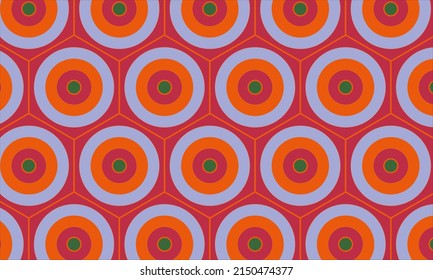 Pattern of concentric circles of different colors: pastel purple, orange, dark green, surrounded by hexagons and a fuchsia background. Retro style, elegant and energetic. For decoration or packaging.