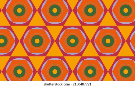 Patrón con círculos concéntricos y hexágonos en fucsia, lila, verde y naranja, alineados para formar un mosaico de estrellas de color mostaza. Estilo retro, alegre y enérgico. Para decorar.
