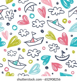 Pattern in the concept of children's drawings. Background with ships, hearts and clouds.