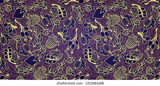 Pattern concept with different berries. Vector hand-draw line illustration.